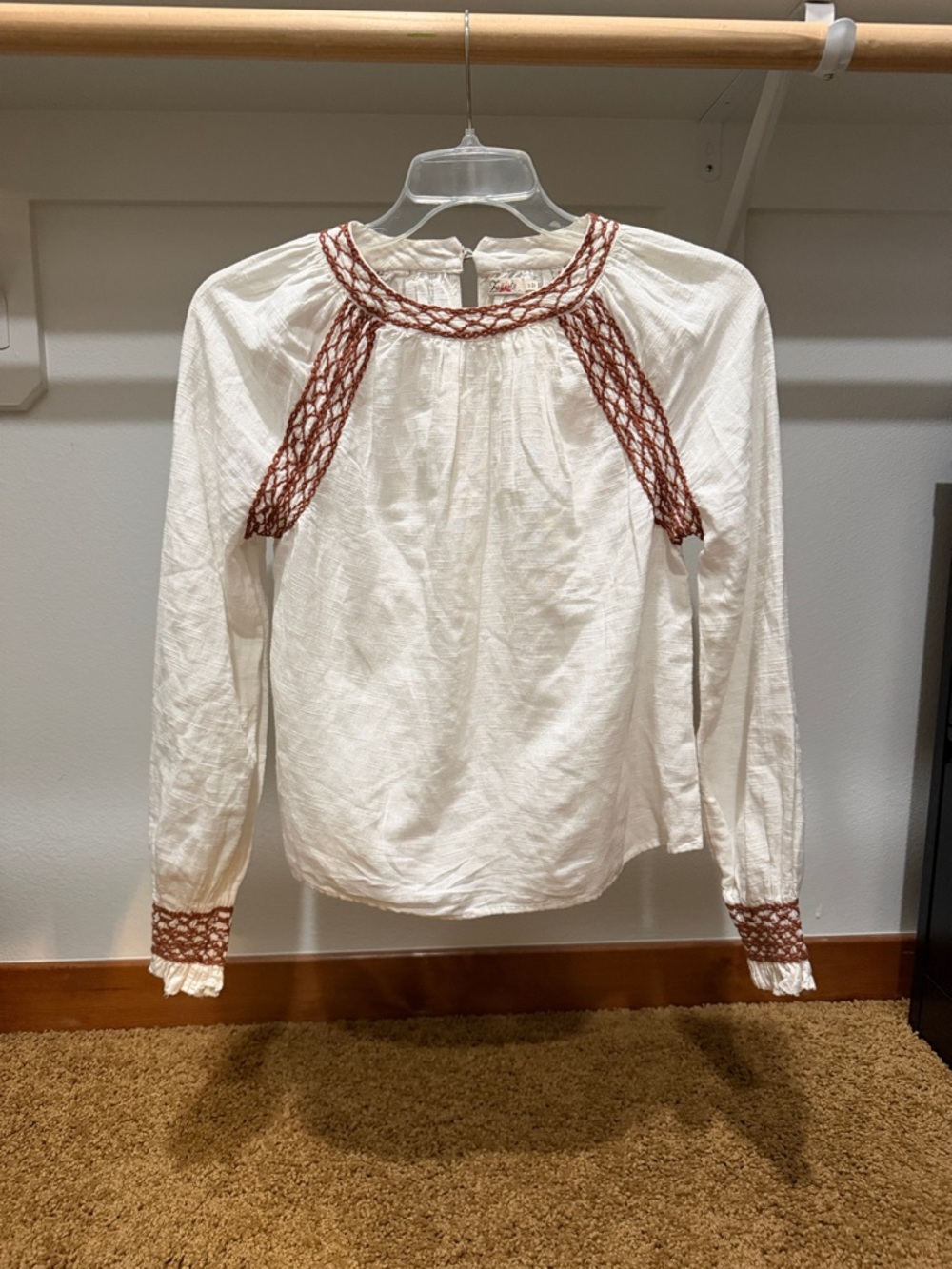 Faherty White Blouse with Rust-Tone Crochet Trim